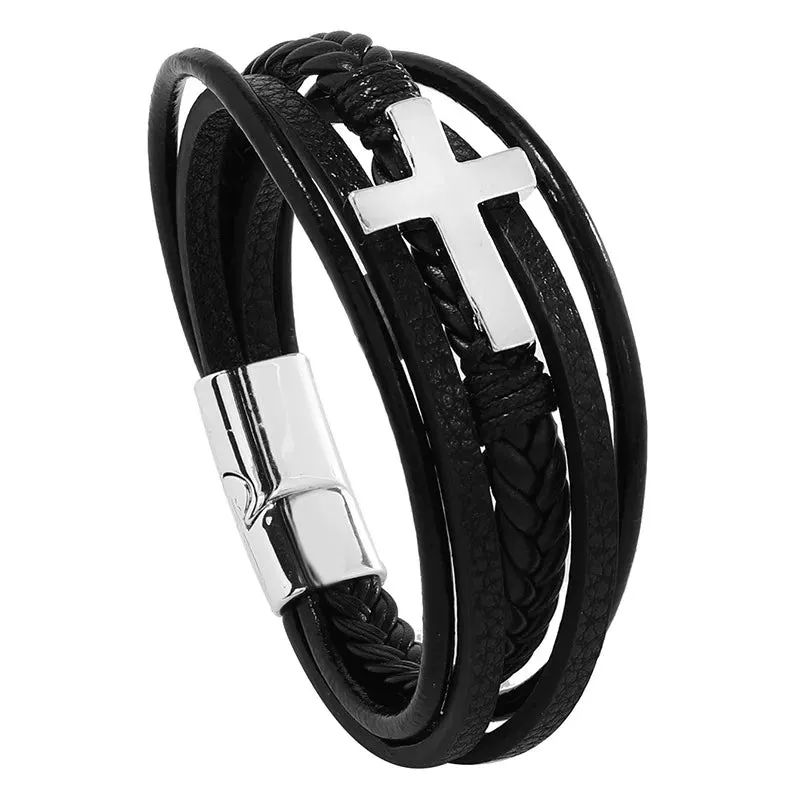 Trendy Leather Bracelets for Men – Stainless Steel Multilayer Braided Rope Jewelry