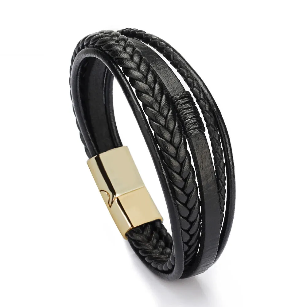 Trendy Leather Bracelets for Men – Stainless Steel Multilayer Braided Rope Jewelry