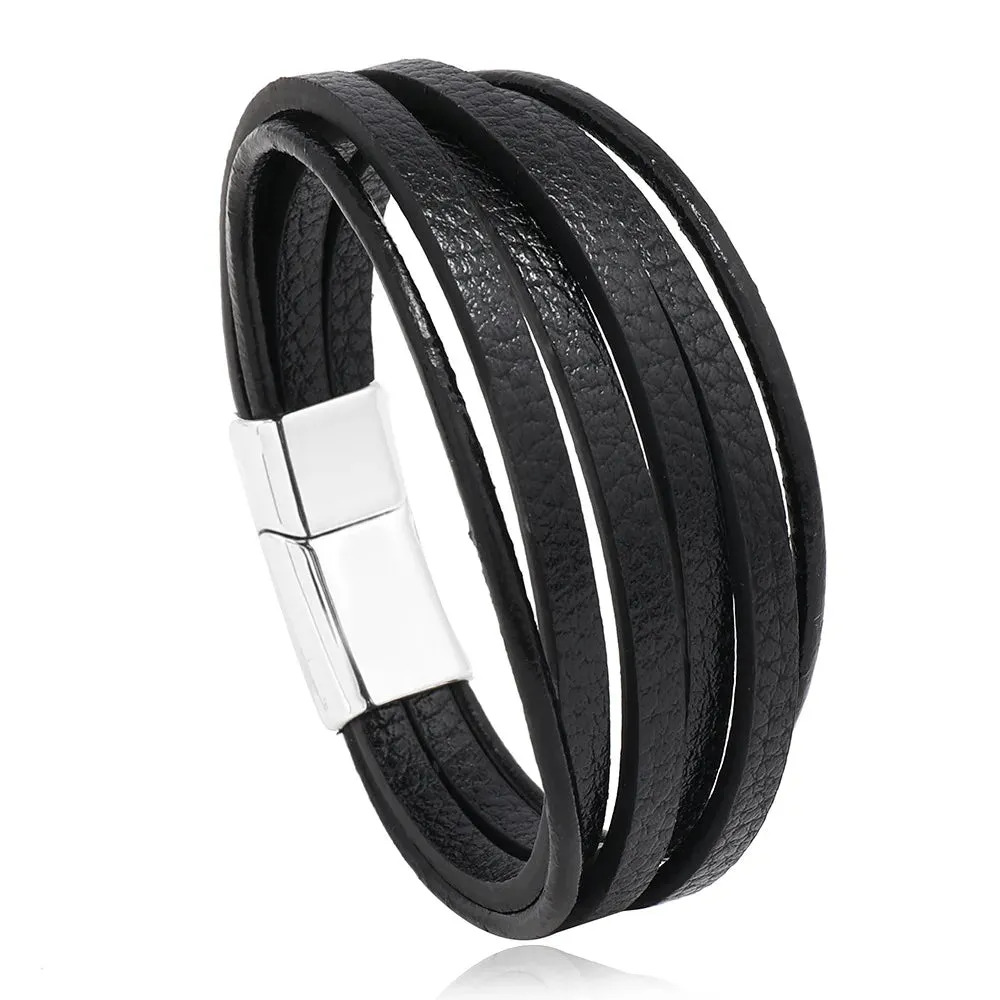 Trendy Leather Bracelets for Men – Stainless Steel Multilayer Braided Rope Jewelry