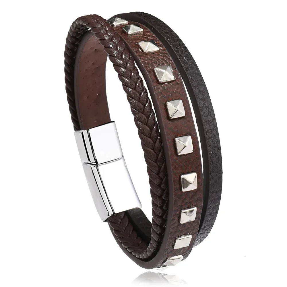 Trendy Leather Bracelets for Men – Stainless Steel Multilayer Braided Rope Jewelry