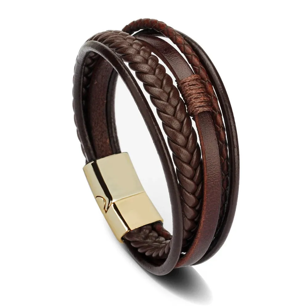 Trendy Leather Bracelets for Men – Stainless Steel Multilayer Braided Rope Jewelry
