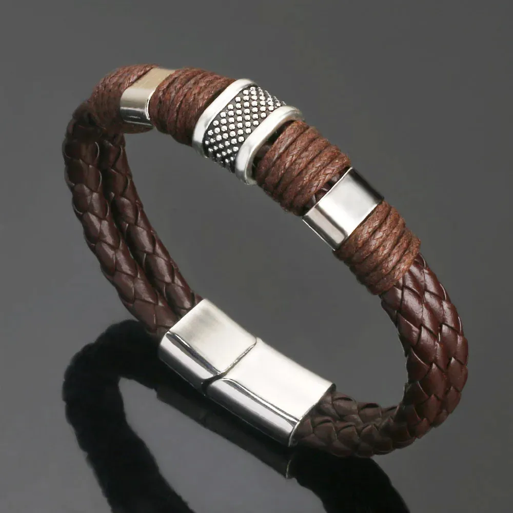 Trendy Leather Bracelets for Men – Stainless Steel Multilayer Braided Rope Jewelry