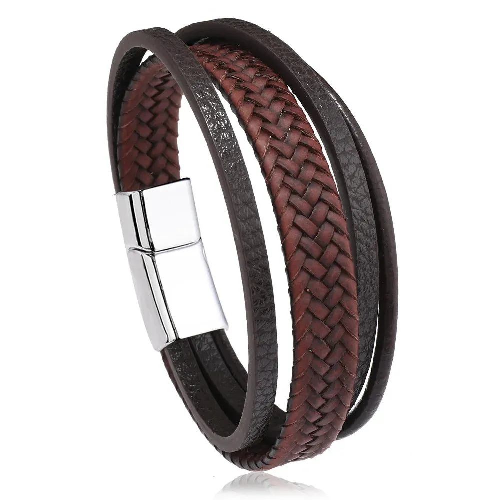 Trendy Leather Bracelets for Men – Stainless Steel Multilayer Braided Rope Jewelry