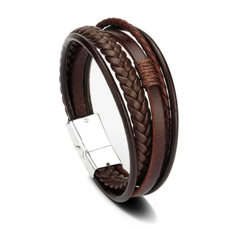 Trendy Leather Bracelets for Men – Stainless Steel Multilayer Braided Rope Jewelry