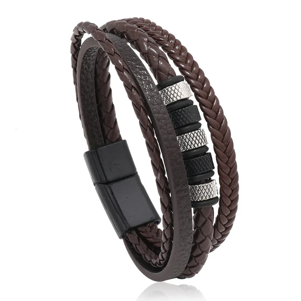 Trendy Leather Bracelets for Men – Stainless Steel Multilayer Braided Rope Jewelry