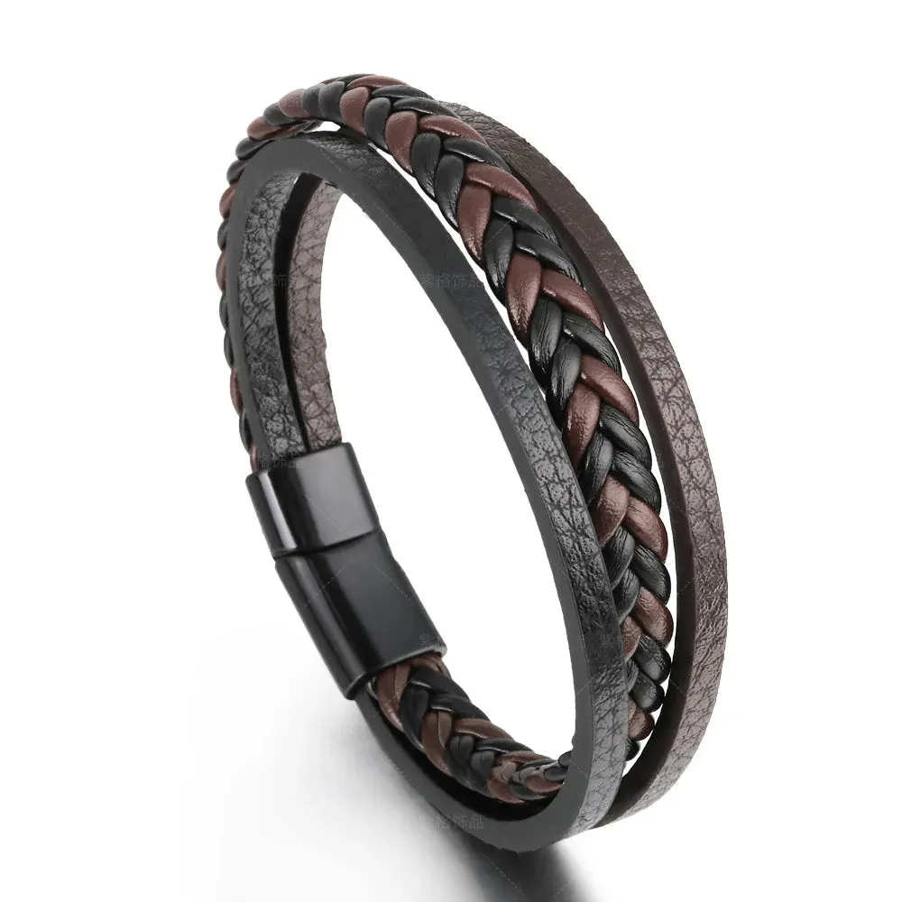 Trendy Leather Bracelets for Men – Stainless Steel Multilayer Braided Rope Jewelry