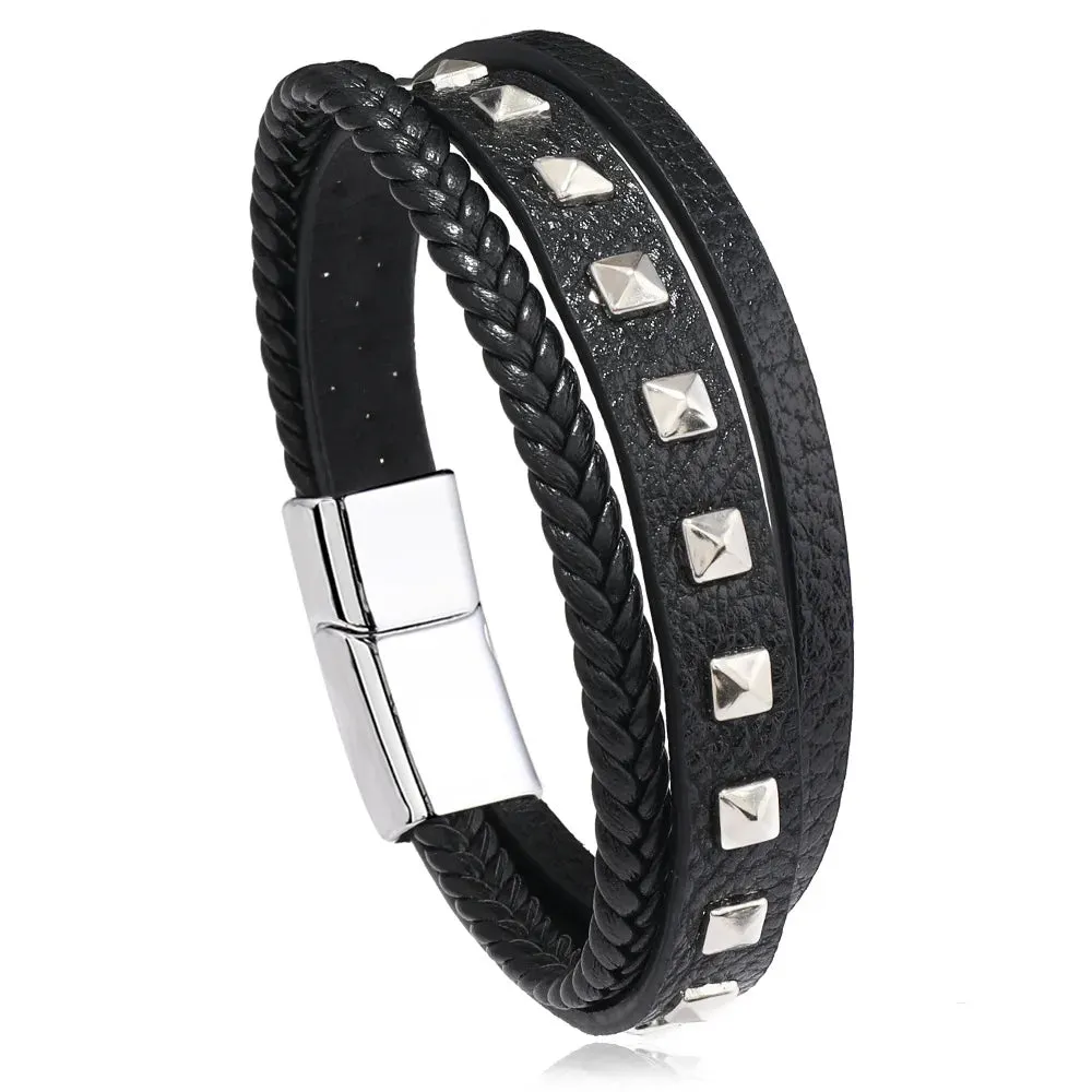 Trendy Leather Bracelets for Men – Stainless Steel Multilayer Braided Rope Jewelry