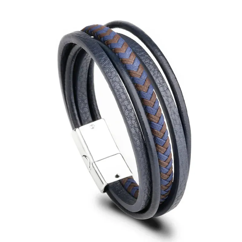 Trendy Leather Bracelets for Men – Stainless Steel Multilayer Braided Rope Jewelry