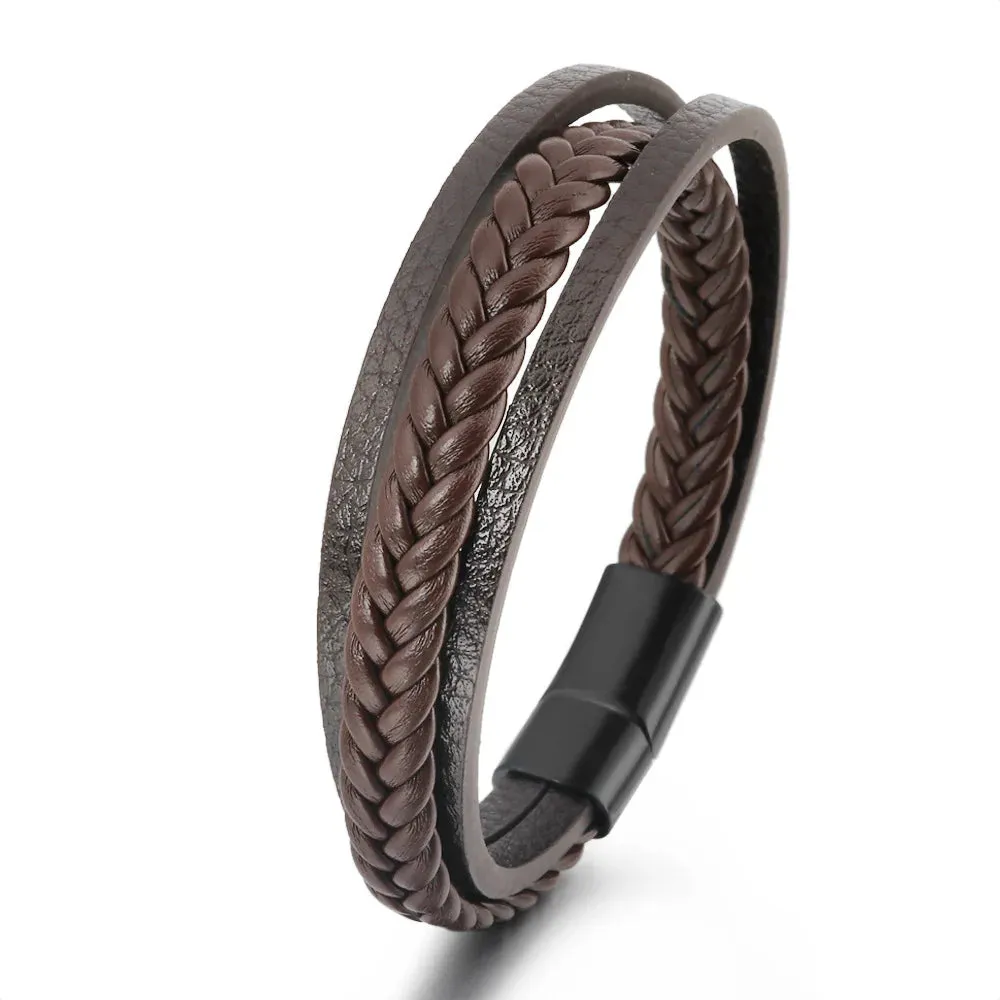 Trendy Leather Bracelets for Men – Stainless Steel Multilayer Braided Rope Jewelry