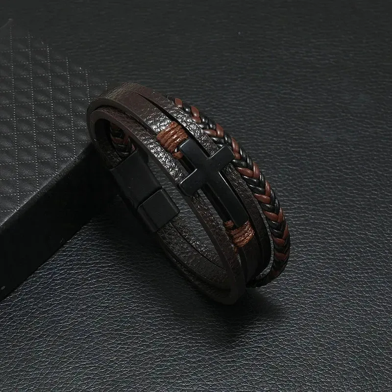 Trendy Leather Bracelets Men Stainless Steel Multilayer Braided Rope Bracelets for Male Jewelry