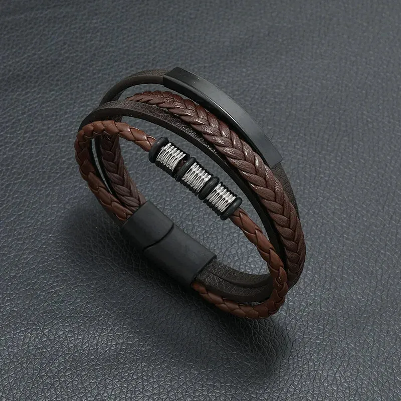 Trendy Leather Bracelets Men Stainless Steel Multilayer Braided Rope Bracelets for Male Jewelry