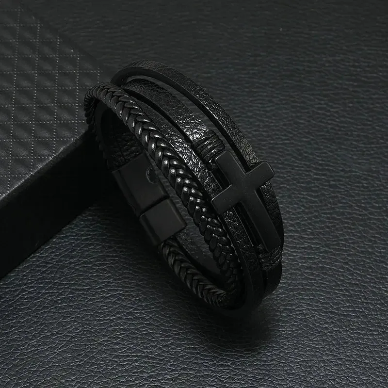 Trendy Leather Bracelets Men Stainless Steel Multilayer Braided Rope Bracelets for Male Jewelry