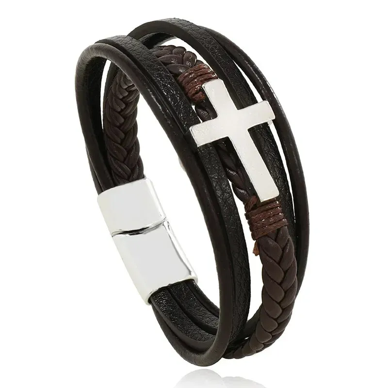 Trendy Leather Bracelets Men Stainless Steel Multilayer Braided Rope Bracelets for Male Jewelry