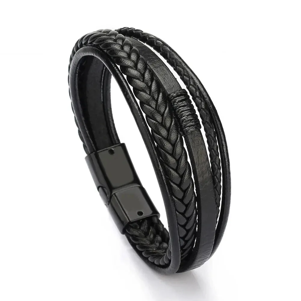 Trendy Leather Bracelets Men Stainless Steel Multilayer Braided Rope Bracelets for Male Jewelry