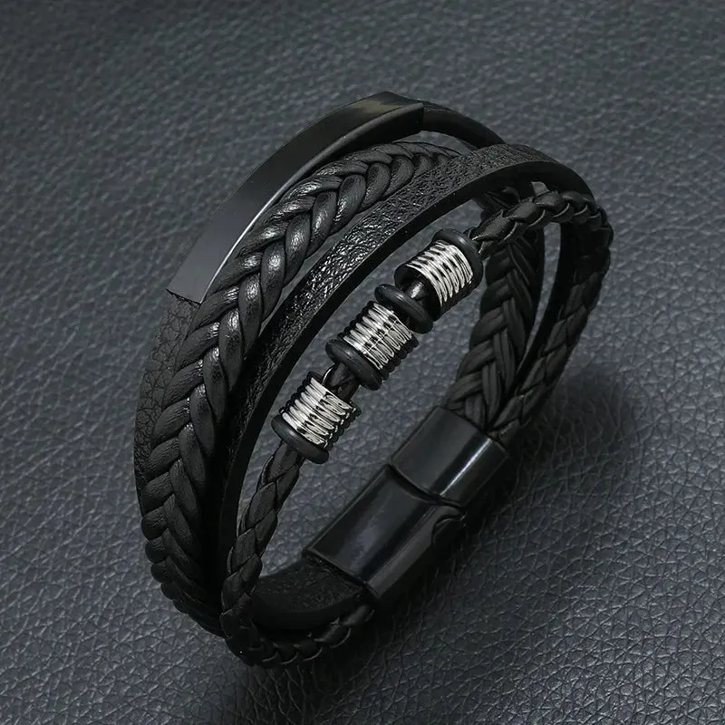 Trendy Leather Bracelets Men Stainless Steel Multilayer Braided Rope Bracelets for Male Jewelry