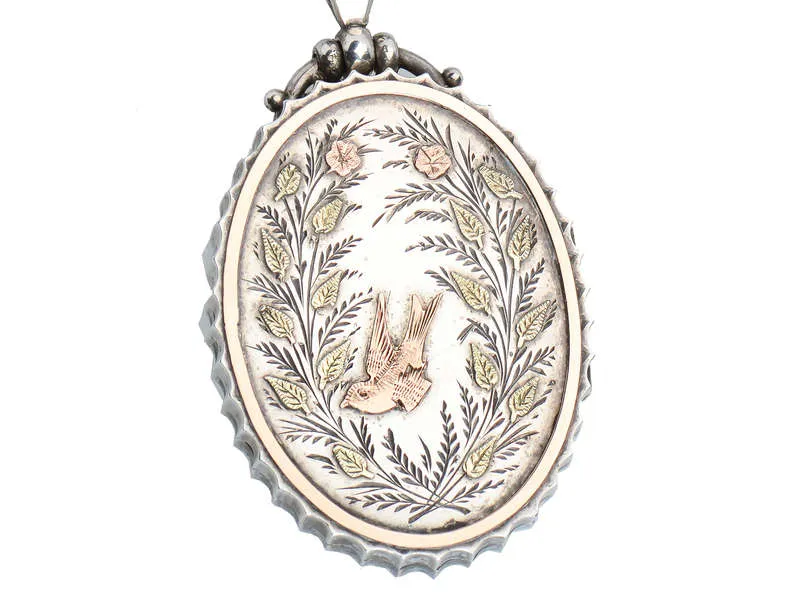 Victorian Silver Book Chain & Locket With Swallow Bird