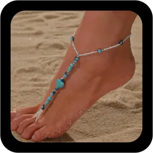 Vintage Turquoise Barefoot Sandals Chain Anklet Adjustable Heart Bracelet Turquoise Heart Anklet Gemstone Toe Link Foot Chain Blue Faceted Bead Bracelet Jewelry for Women