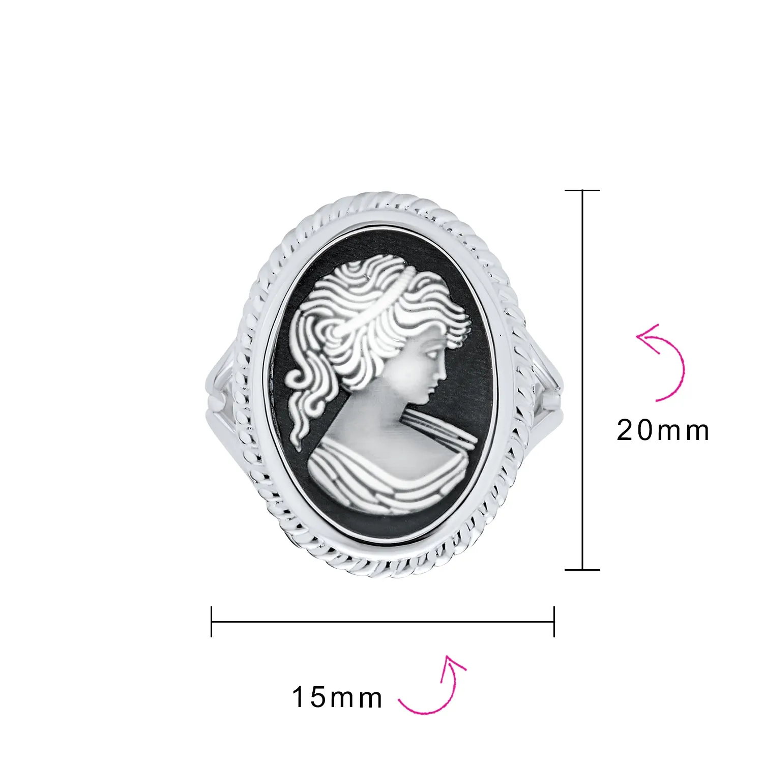 Vintage Women Lady Portrait Oval Black Cameo Ring .925Sterling Silver