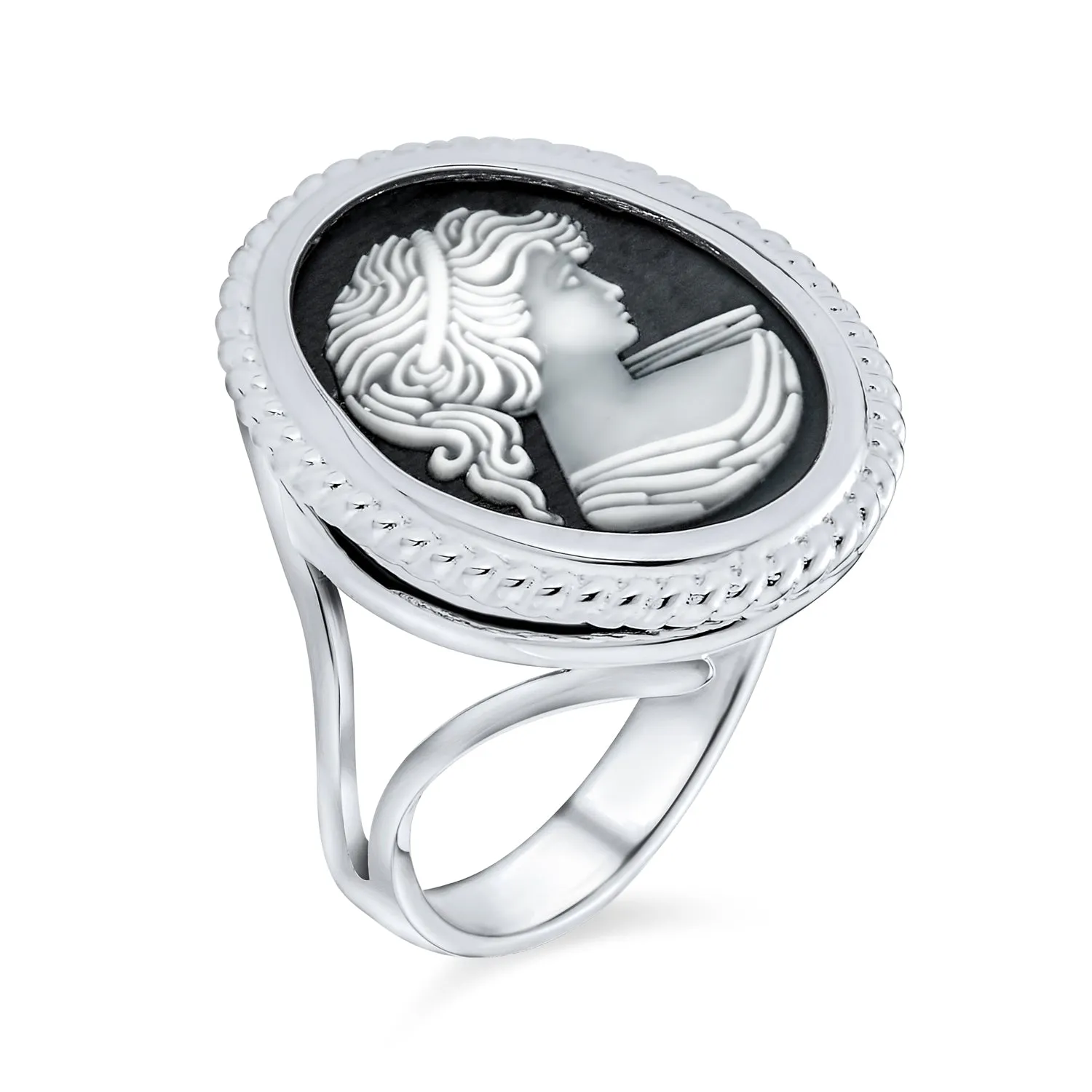 Vintage Women Lady Portrait Oval Black Cameo Ring .925Sterling Silver
