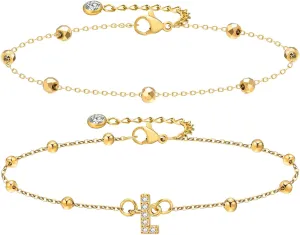 Waterproof Gold Initial Anklet Bracelets -18K Gold Plated Plus Size Letter Ankle Bracelets Trendy Jewelry Gifts,Summer Beach Surfer Foot Chain Stackable Bracelet Anklet Set Gift for Women Girlfriend