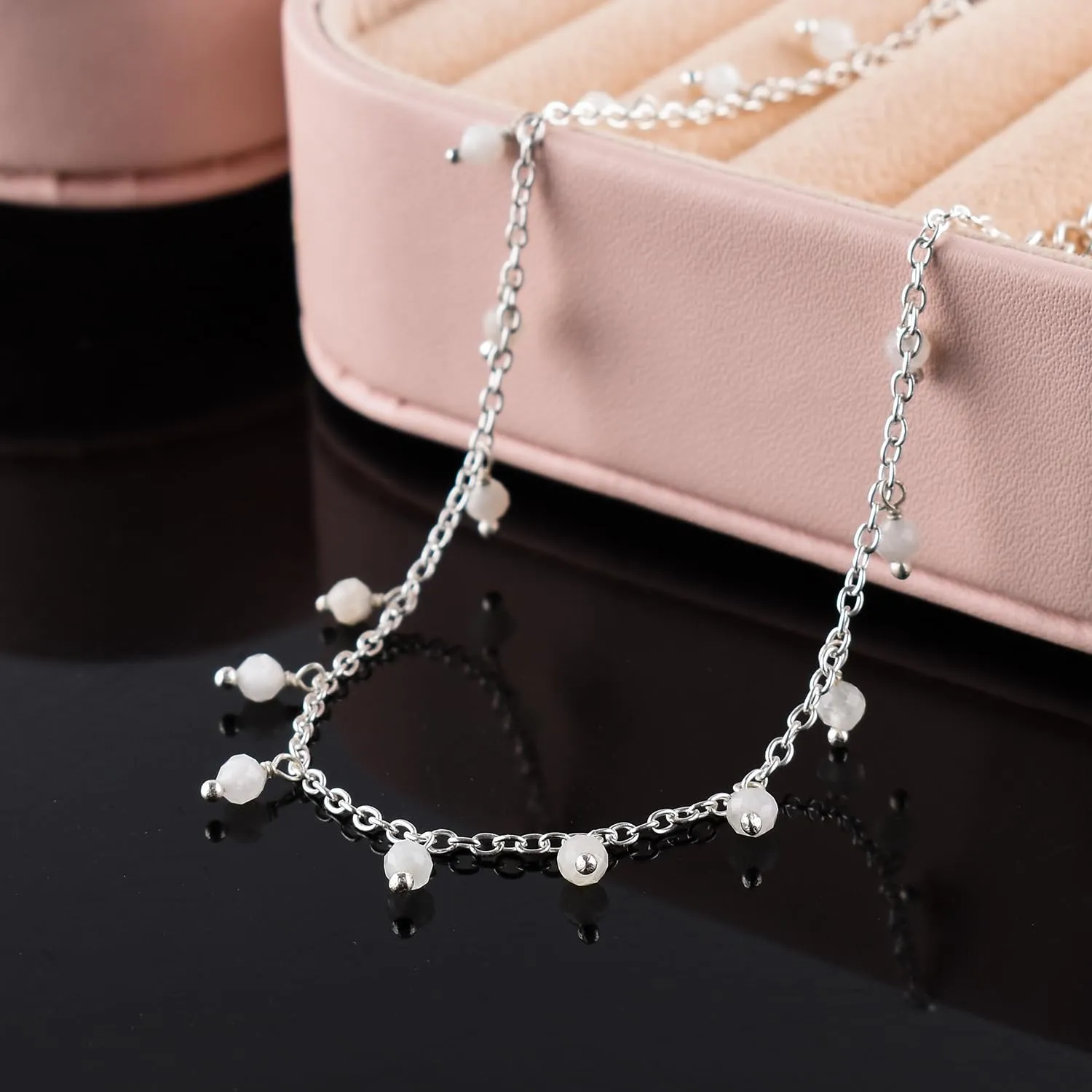 Yanara Rainbow Moonstone Anklets For Women Ankle Bracelets for Her June Birthstone Silver Plated Jewelry in 8.5 1.5 inch Crystals and Healing Stones Gemstones Mother's Day Gifts